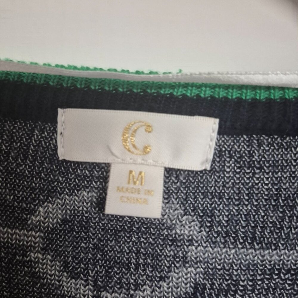 C by Bloomingdales Navy & White Chain Pattern Open Front Cardigan With Green Tri - Picture 3 of 7